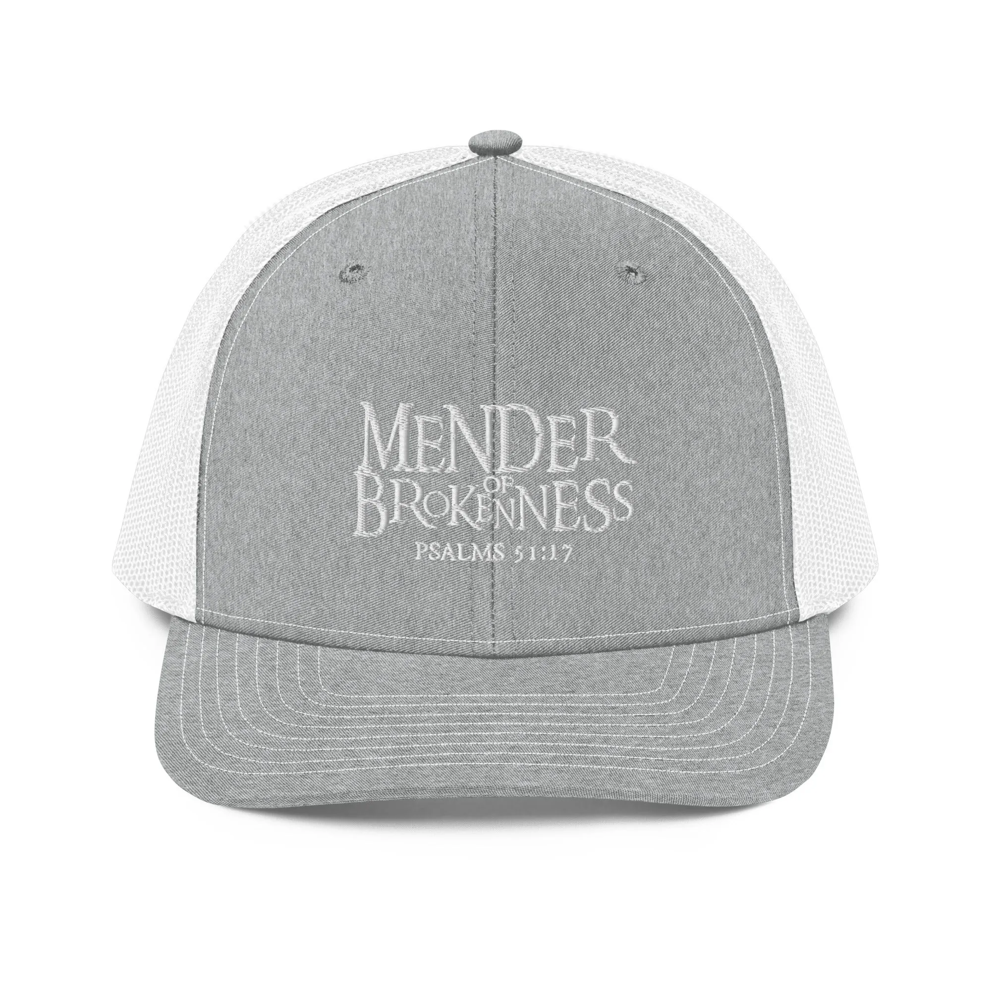 Mender of Brokenness - Embroidered Unisex Adjustable Snapback Trucker Hat - White Text