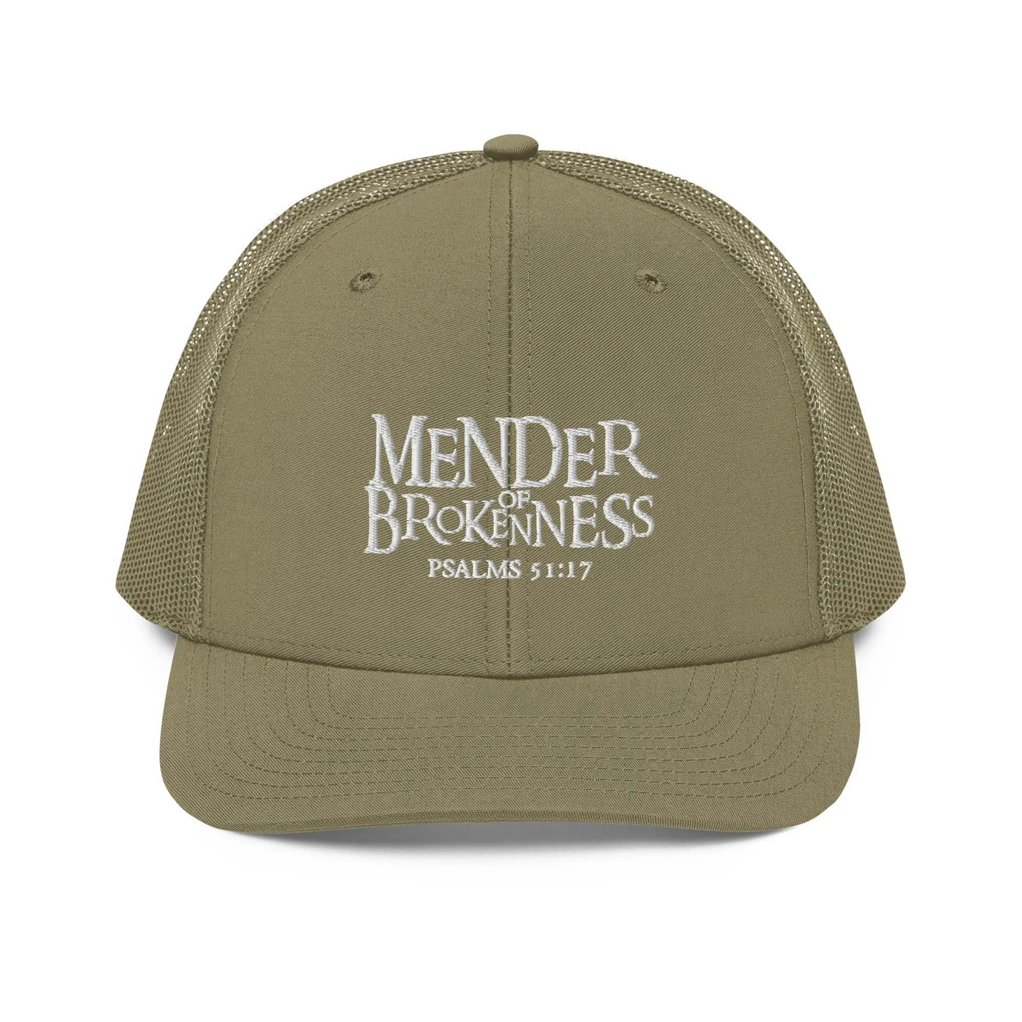 Mender of Brokenness - Embroidered Unisex Adjustable Snapback Trucker Hat - White Text