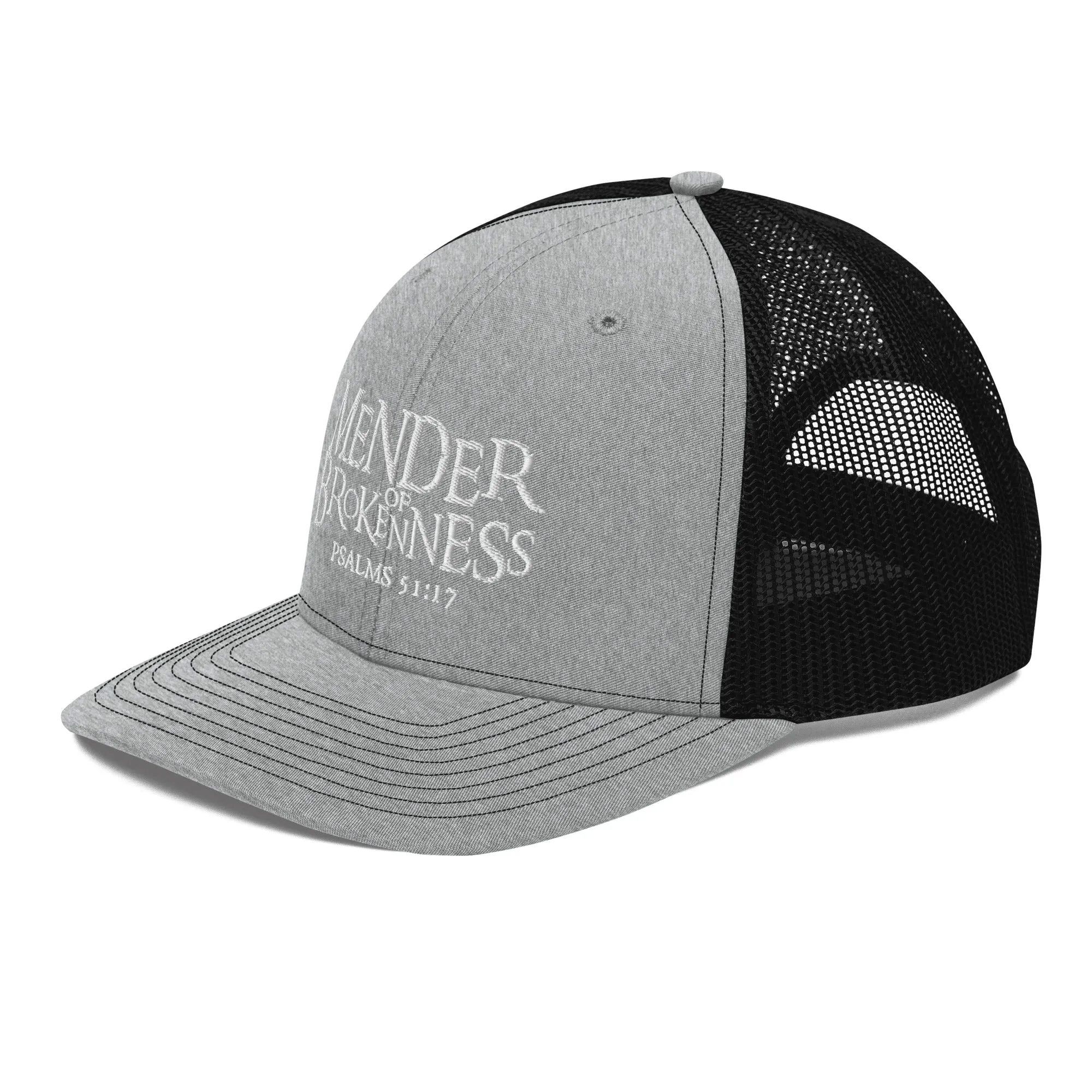 Mender of Brokenness - Embroidered Unisex Adjustable Snapback Trucker Hat - White Text