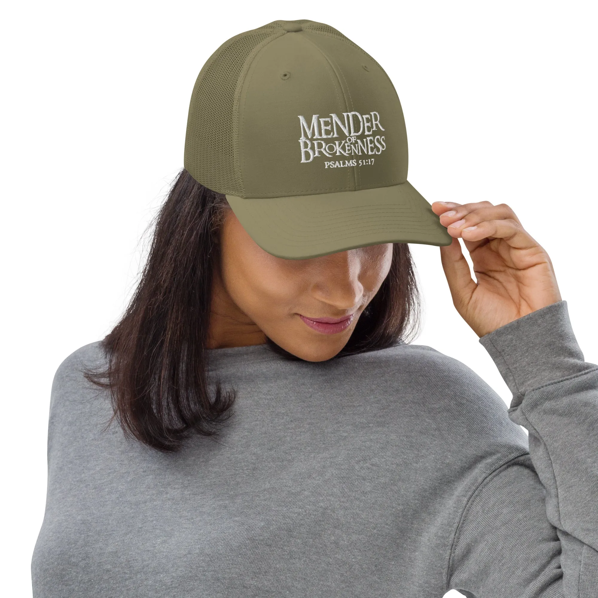 Mender of Brokenness - Embroidered Unisex Adjustable Snapback Trucker Hat - White Text