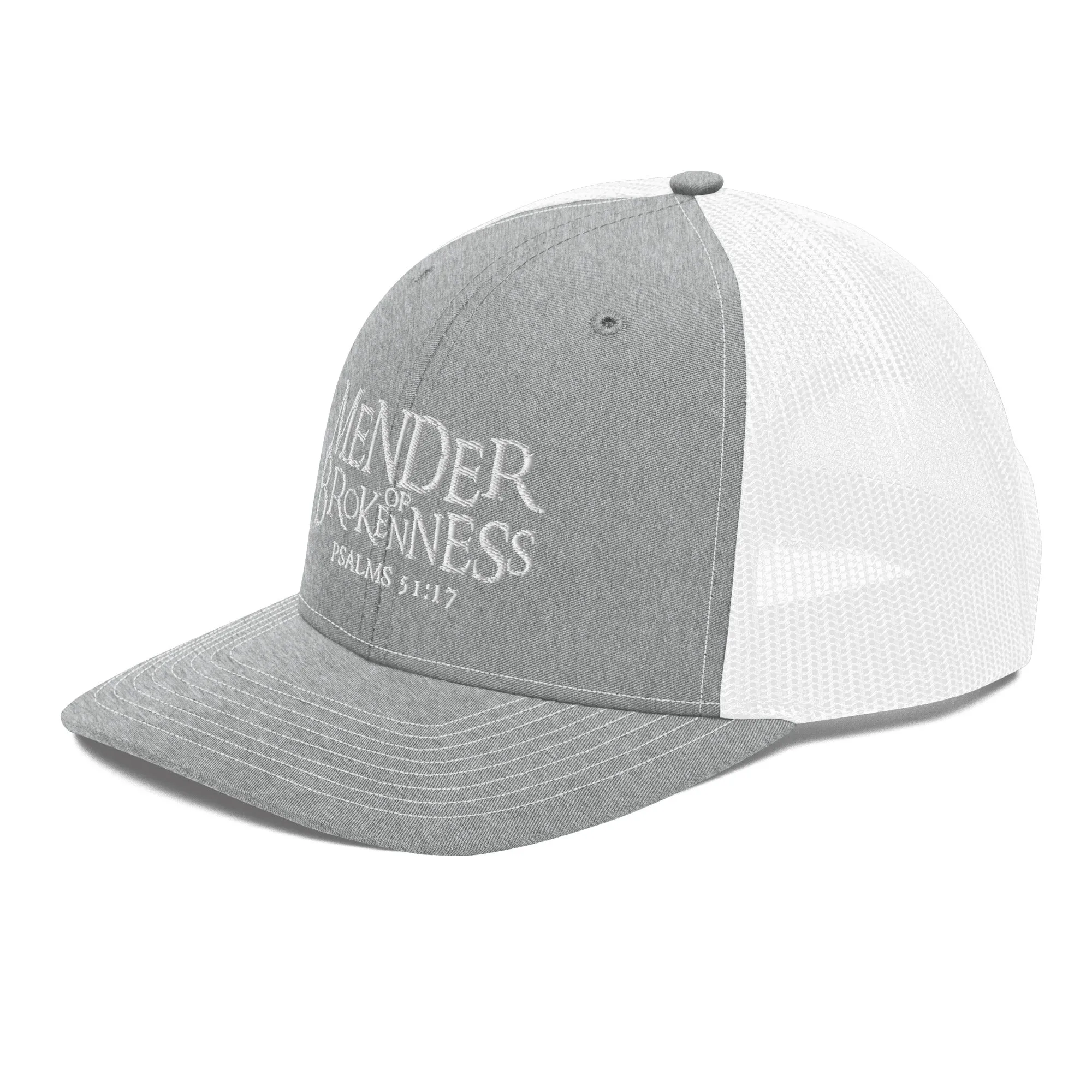 Mender of Brokenness - Embroidered Unisex Adjustable Snapback Trucker Hat - White Text