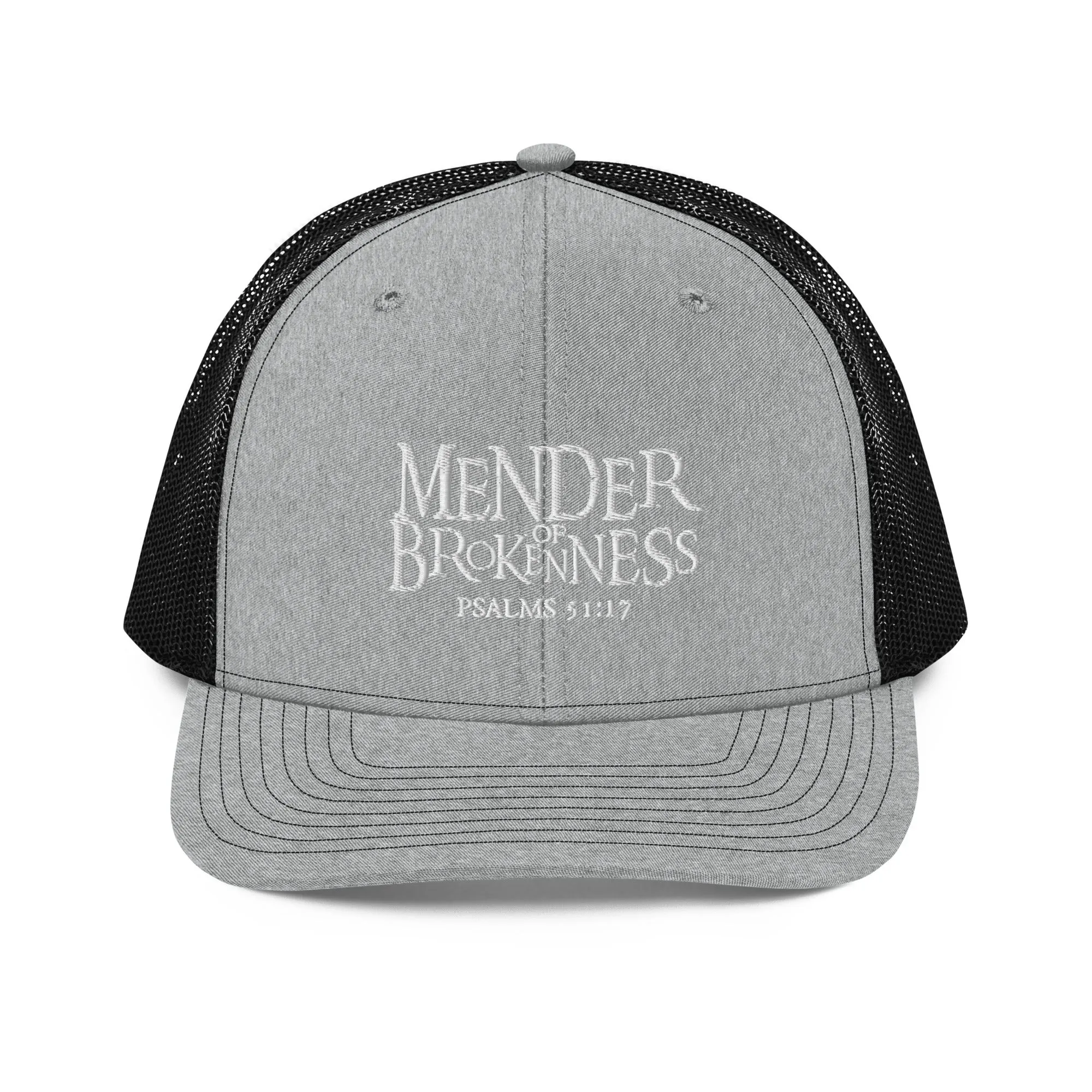 Mender of Brokenness - Embroidered Unisex Adjustable Snapback Trucker Hat - White Text