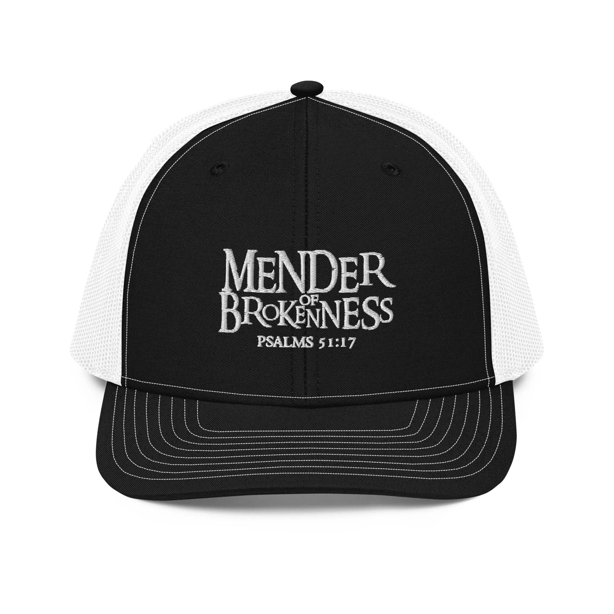 Mender of Brokenness - Embroidered Unisex Adjustable Snapback Trucker Hat - White Text
