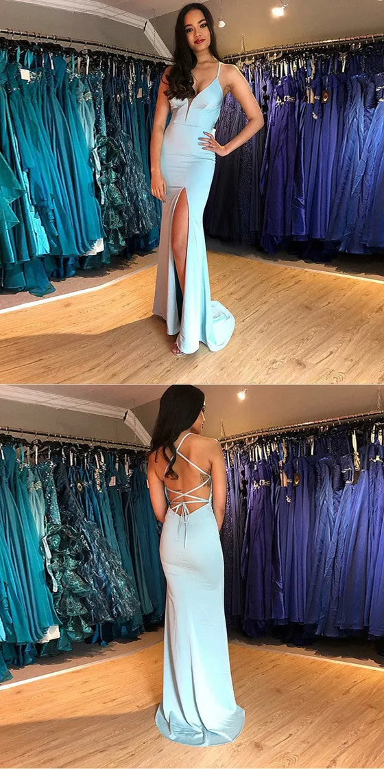Mermaid Spaghetti Straps V-neck High Split Lace Up Prom Dresses, PD0578