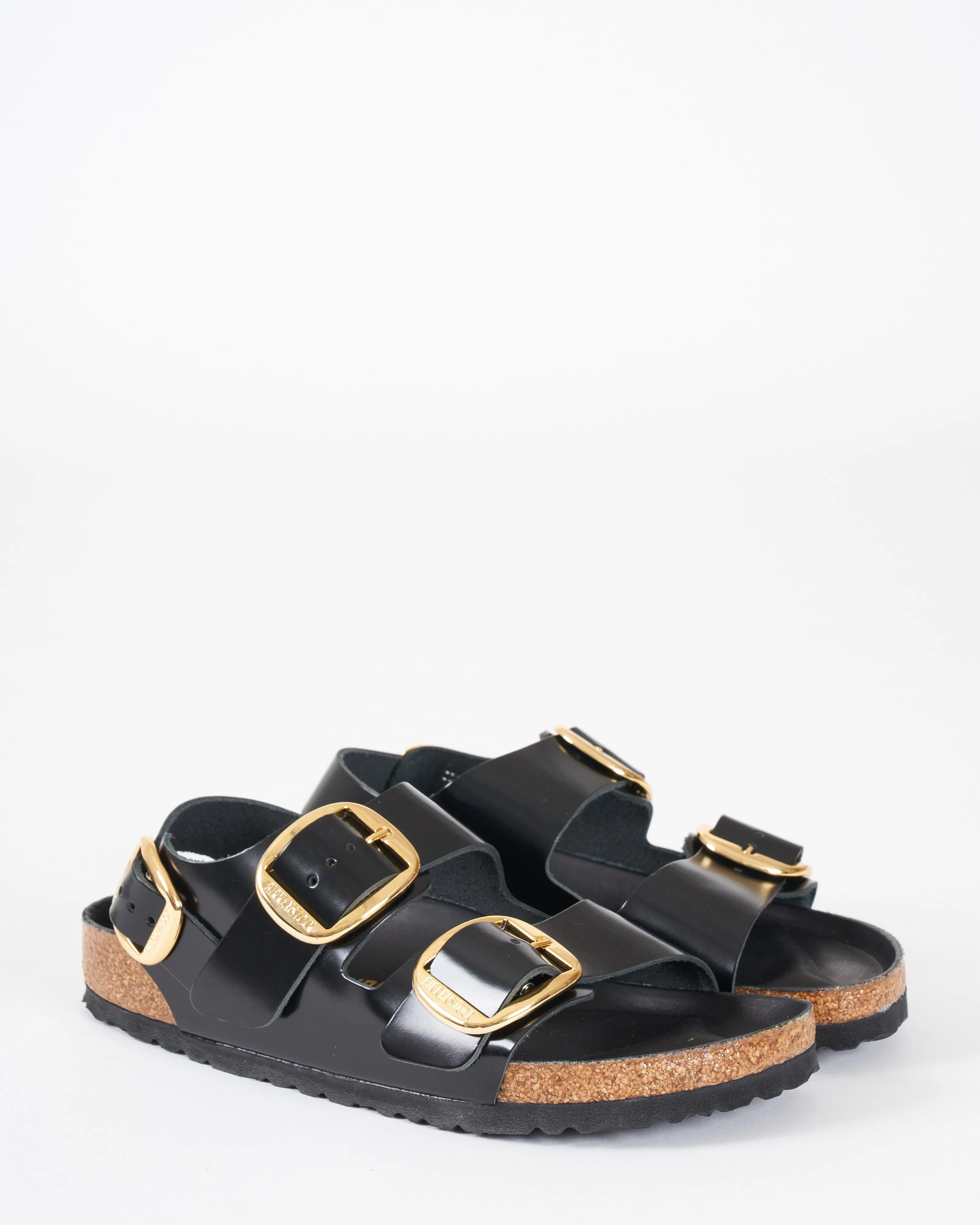milano big buckle sandal - high shine black leather