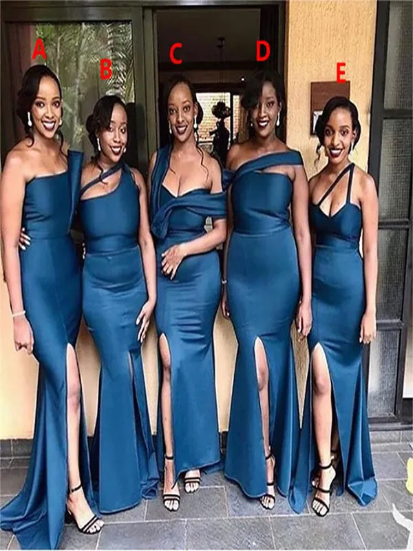 Mismatched Dark Blue Satin Sheath Side Slit Floor Length Long Bridesmaid Dresses, SFWG00423