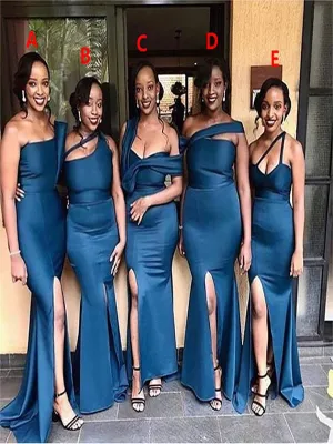 Mismatched Dark Blue Satin Sheath Side Slit Floor Length Long Bridesmaid Dresses, SFWG00423