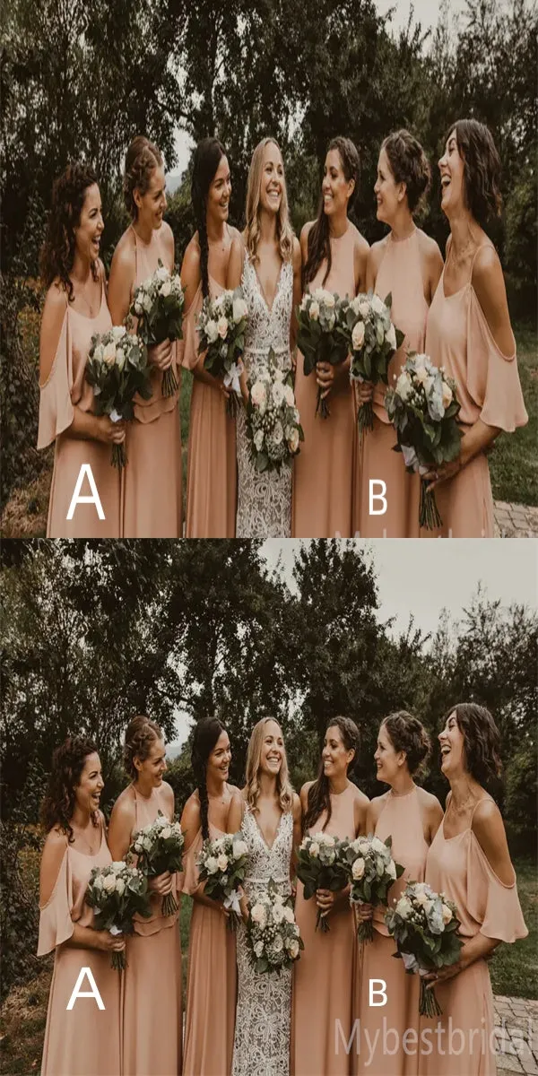 Mismatched Off-shoulder A-line Elegant Simple Pretty Long Bridesmaid Dresses,BDS0228