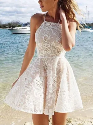 Modern A-line Halter Short White Criss-Cross Fashion Backless Lace Prom Homecoming Dress