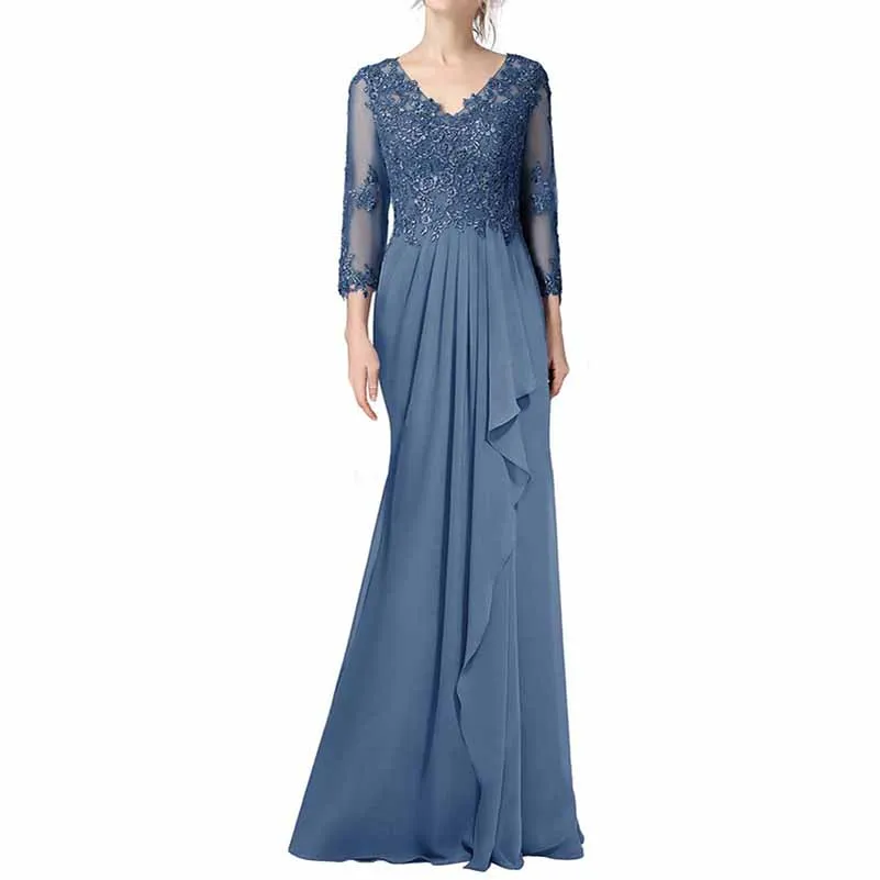 Mother of the Bride Dress Wedding Gues Floor Length Lace 3/4 Length Sleeve Prom Dress