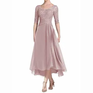 Mother of The Bride Dresses Evening Formal Dress 3/4 Sleeve Lace Applique Ruffles Wedding Guest Dress