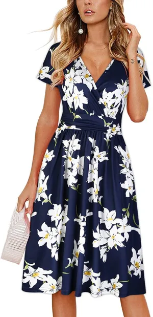New Ouges women's surplice Navy Floral Dress with side pockets, Sz M!