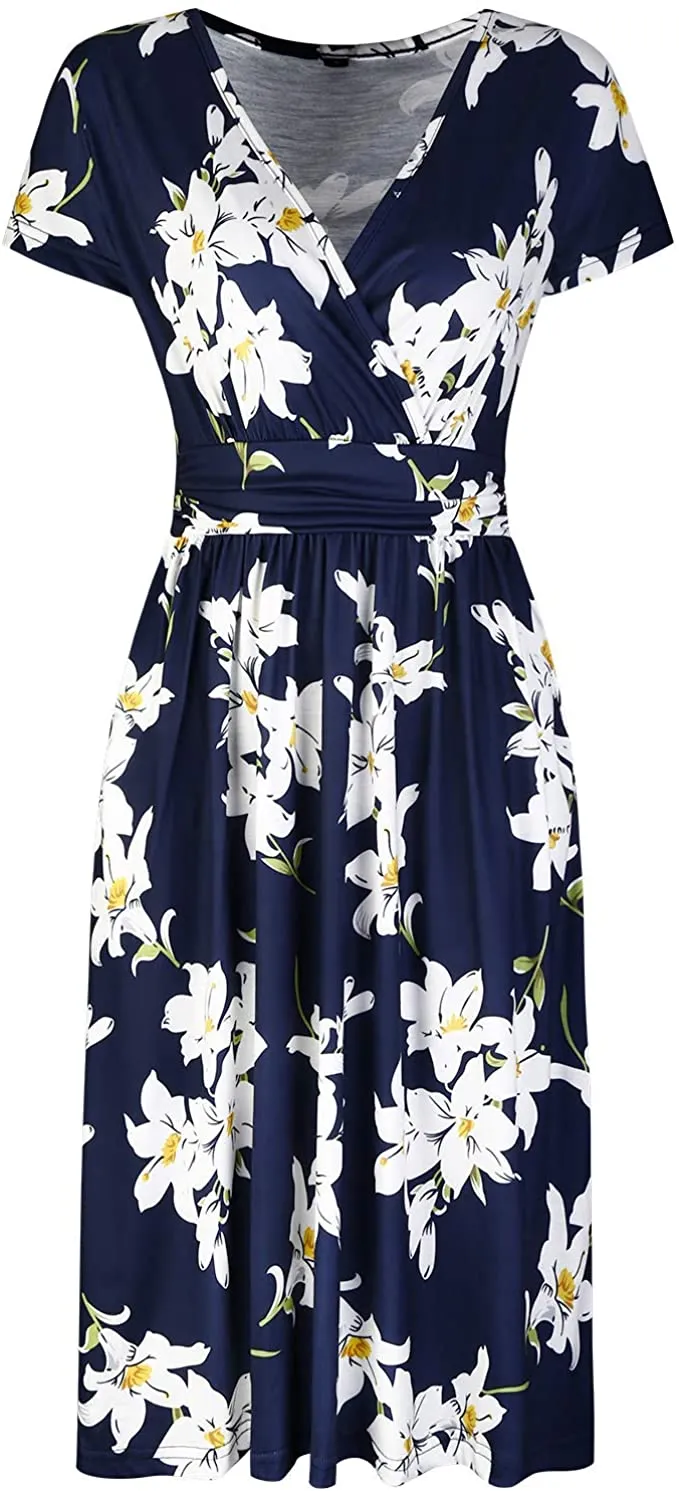 New Ouges women's surplice Navy Floral Dress with side pockets, Sz M!