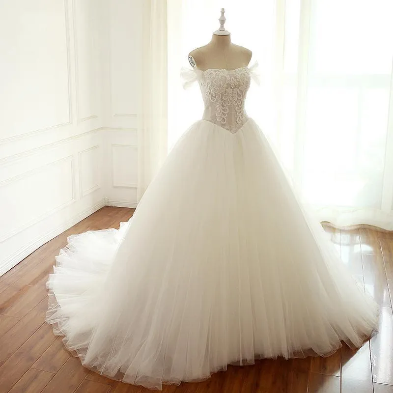 Off Shoulder Beaded A-line Lace Long Custom Cheap Wedding Dresses, WDY0173