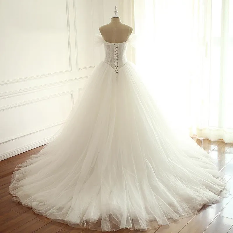 Off Shoulder Beaded A-line Lace Long Custom Cheap Wedding Dresses, WDY0173