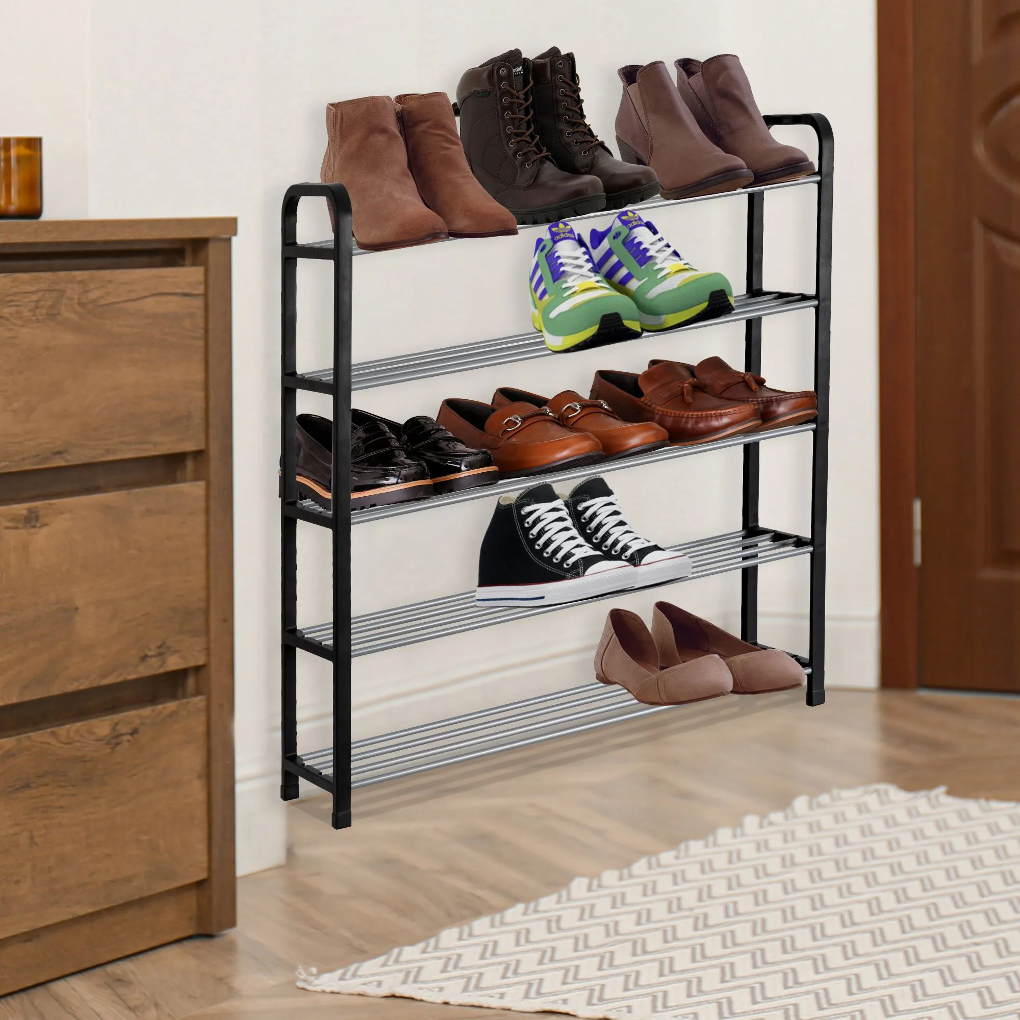 Olsen & Smith 3 Tier Shoe Storage Rack Organiser Small , Quick Assembly No Tools Required, Holds 12 to 15 pairs (W) 92cm x (H) 54cm x (D) 29cm Black