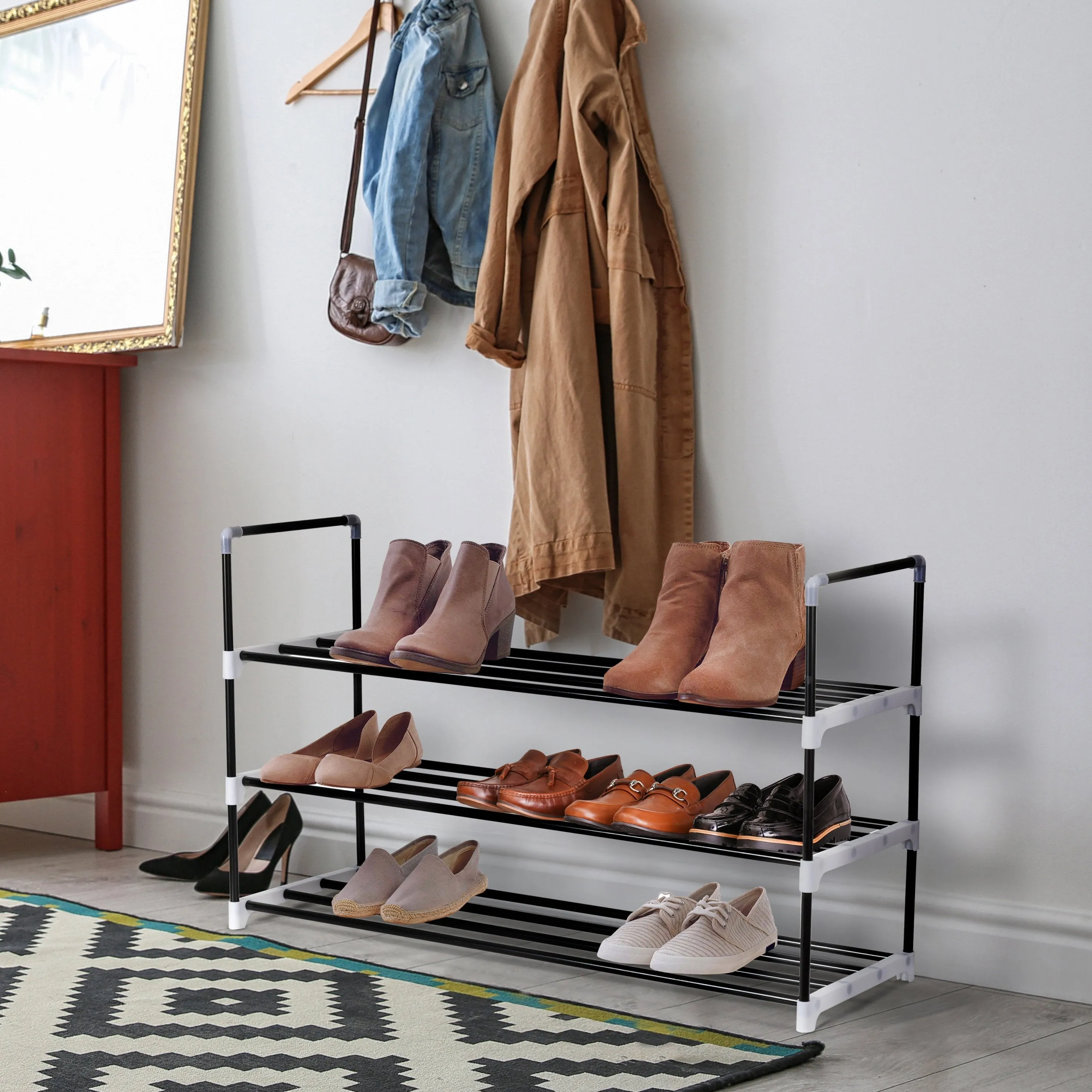 Olsen & Smith 3 Tier Shoe Storage Rack Organiser Small , Quick Assembly No Tools Required, Holds 12 to 15 pairs (W) 92cm x (H) 54cm x (D) 29cm Black