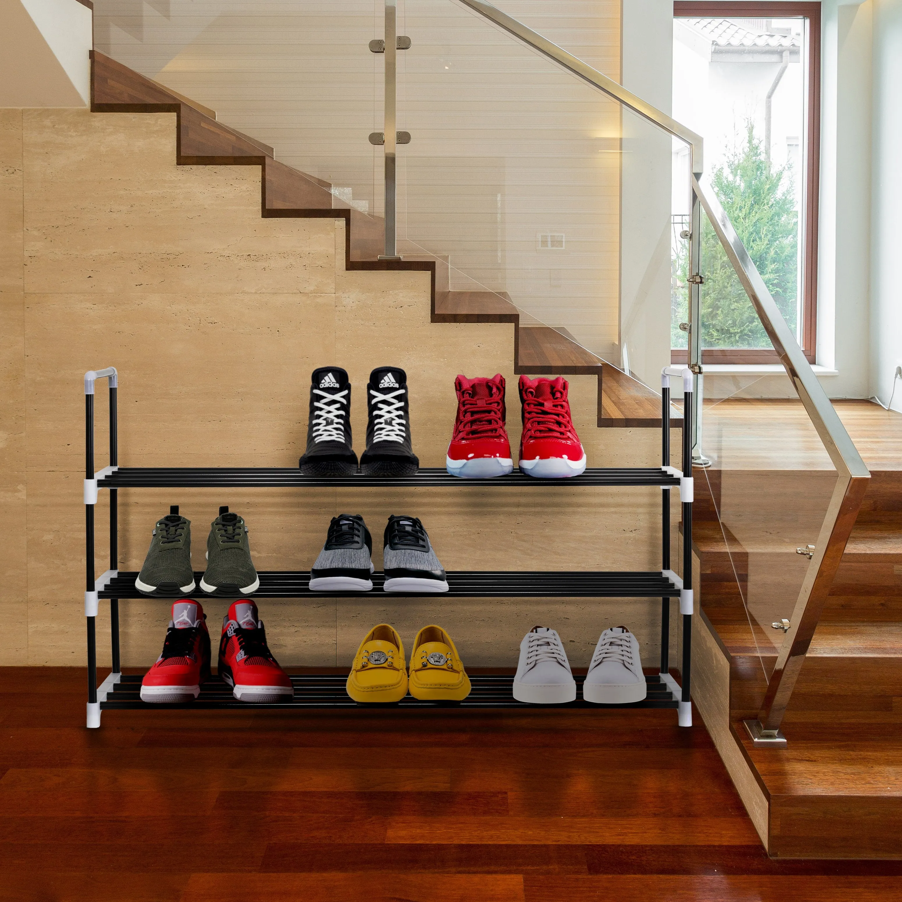 Olsen & Smith 3 Tier Shoe Storage Rack Organiser Small , Quick Assembly No Tools Required, Holds 12 to 15 pairs (W) 92cm x (H) 54cm x (D) 29cm Black