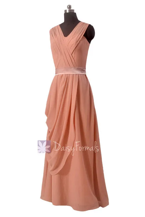 Peach Vintage Floor Length Chiffon Evening Dress  V-neck Bridesmaid Dress Side Swag(BM299)