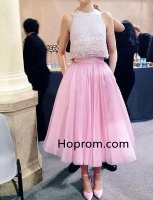 Pink A Line Homecoming Dresses 2017 High Collar Evening Dress Tea Length Tulle