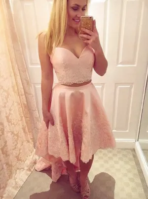 Pink Two Piece High Low Applique Stain Homecoming Dresses