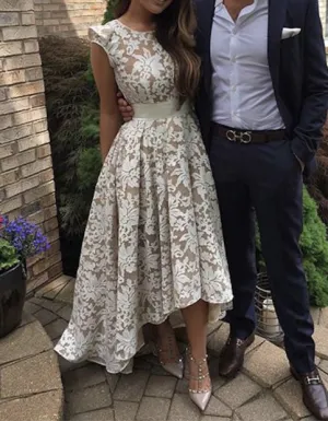 Prom Dress,White Lace Homecoming Dress,Lace Bridesmaid Dress,Cute Evening Dress,Formal Party Dress,Round Neck Lace Prom Dress,High Low Lace Prom Dress