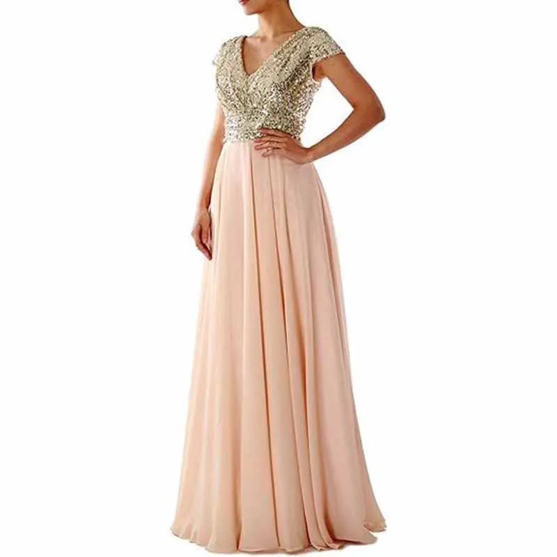 Sequined Bridesmaid Dress Cap Sleeved High Waisted Long Chiffon Prom Dress