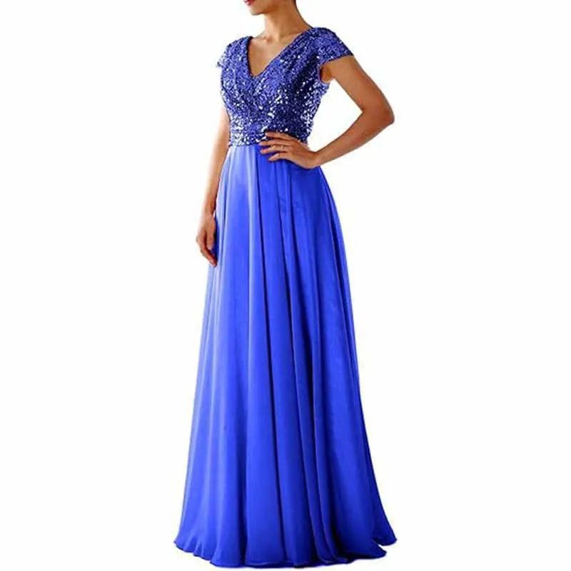 Sequined Bridesmaid Dress Cap Sleeved High Waisted Long Chiffon Prom Dress