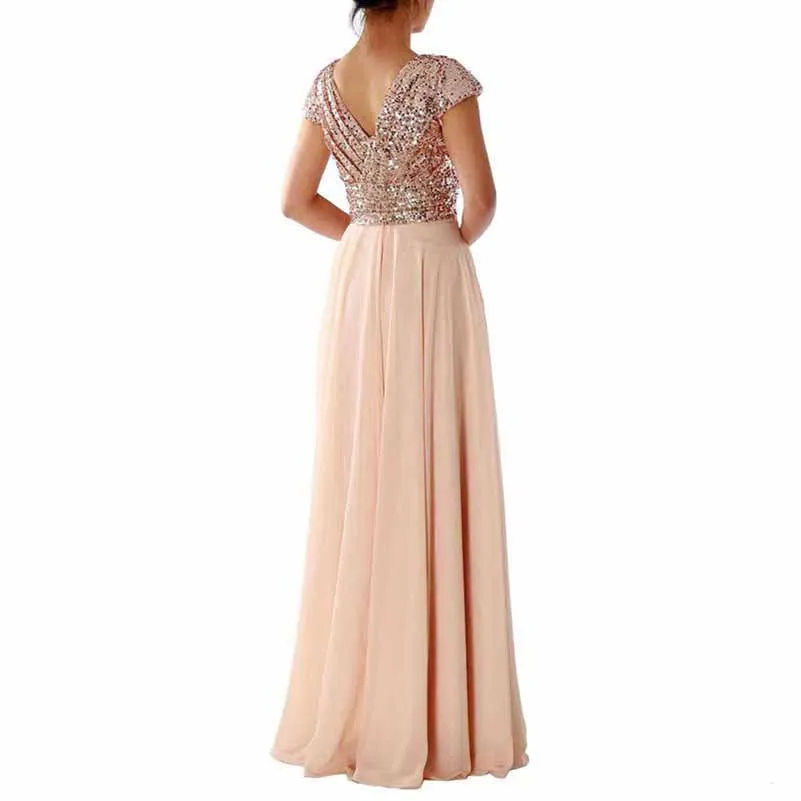 Sequined Bridesmaid Dress Cap Sleeved High Waisted Long Chiffon Prom Dress