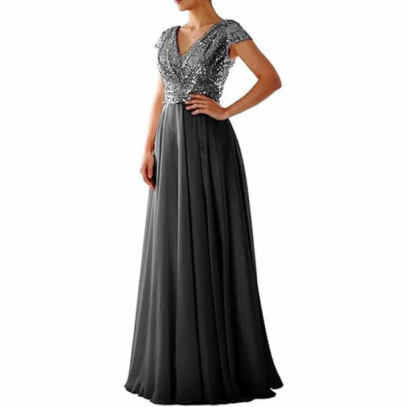 Sequined Bridesmaid Dress Cap Sleeved High Waisted Long Chiffon Prom Dress
