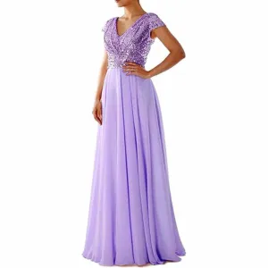 Sequined Bridesmaid Dress Cap Sleeved High Waisted Long Chiffon Prom Dress