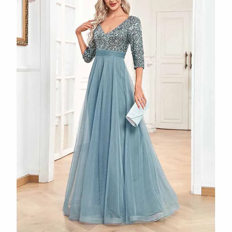 Sequined Bridesmaid Dress with Sleeves Evening Long Prom Dress Tutu Event Gowns
