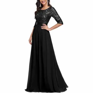 Sequined Top Long Chiffon Bridesmaid Dress with Sleeves Prom Dress Event Gowns