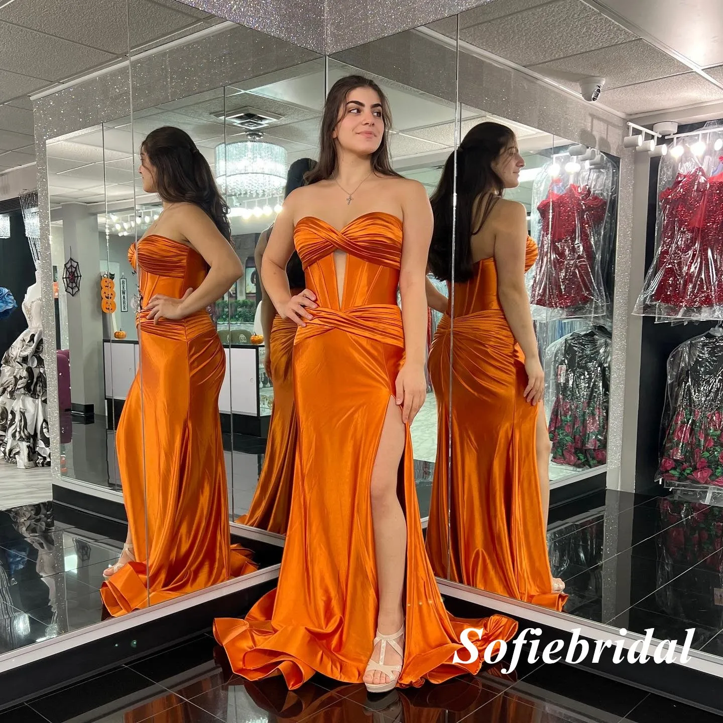 Sexy Orange Soft Satin Sweetheart Side Slit Mermaid Long Prom Dresses, PD0948