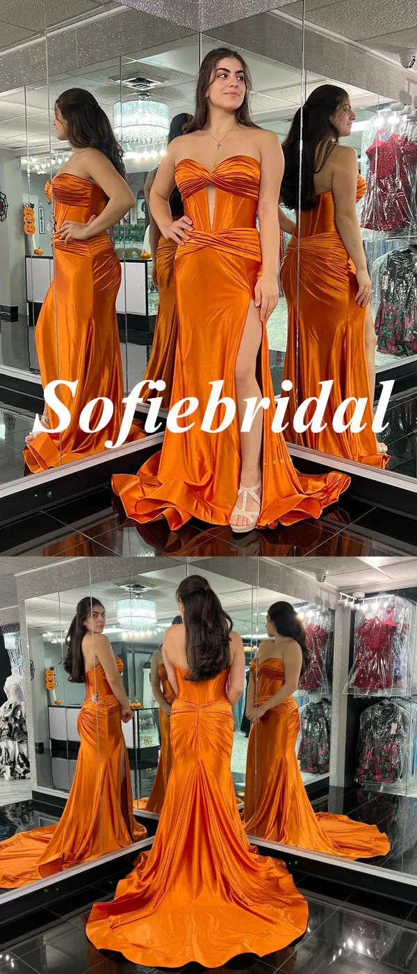 Sexy Orange Soft Satin Sweetheart Side Slit Mermaid Long Prom Dresses, PD0948