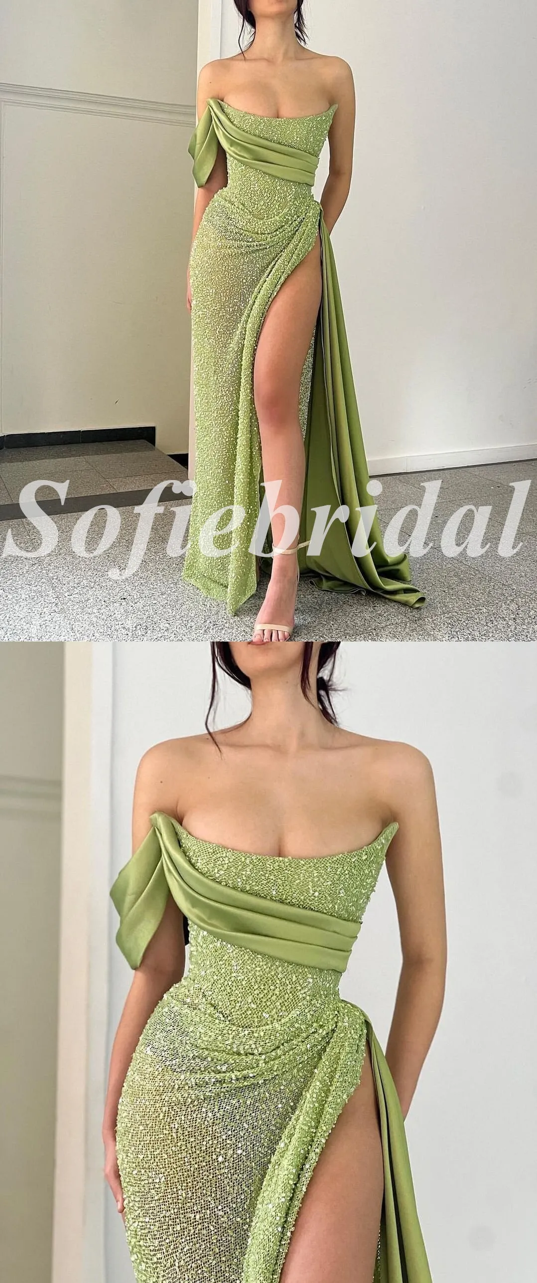 Sexy Special fabric Sleeveless Side Slit Mermaid Long Prom Dresses, PD0860