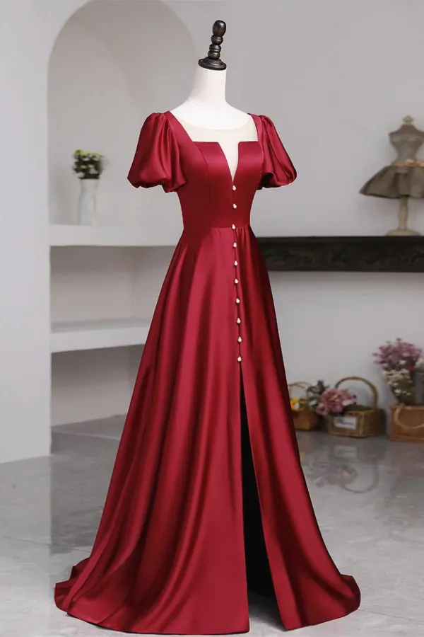 Short Sleeves Burgundy Long Prom Dresses with High Slit, Wine Red High Slit Long Formal Evening Dresses APP0857