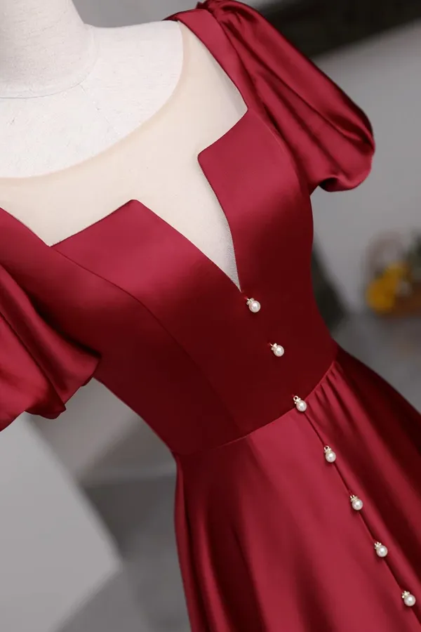 Short Sleeves Burgundy Long Prom Dresses with High Slit, Wine Red High Slit Long Formal Evening Dresses APP0857