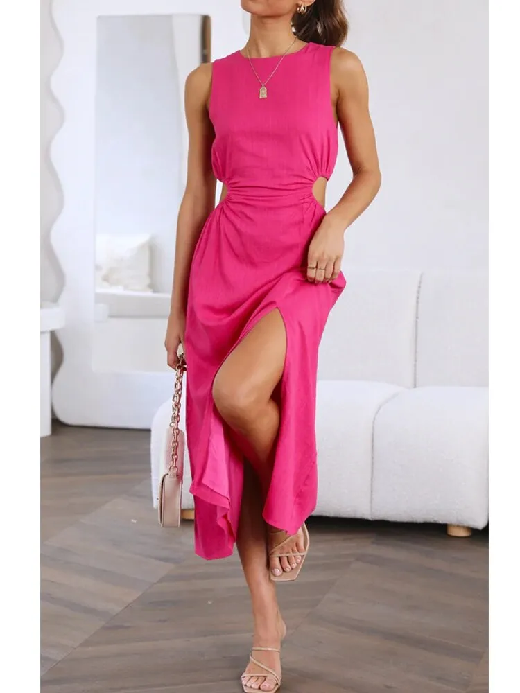 Side Waist Cut Out Women's Midi Dress Back Zipper Split Sleeveless Dress