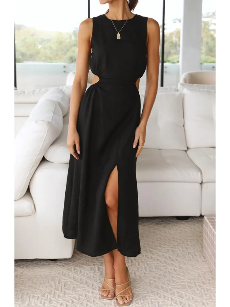 Side Waist Cut Out Women's Midi Dress Back Zipper Split Sleeveless Dress