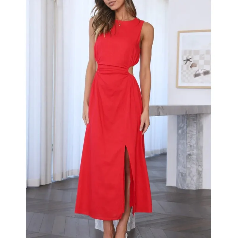 Side Waist Cut Out Women's Midi Dress Back Zipper Split Sleeveless Dress