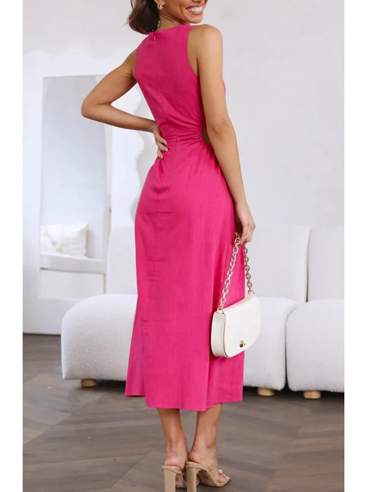 Side Waist Cut Out Women's Midi Dress Back Zipper Split Sleeveless Dress
