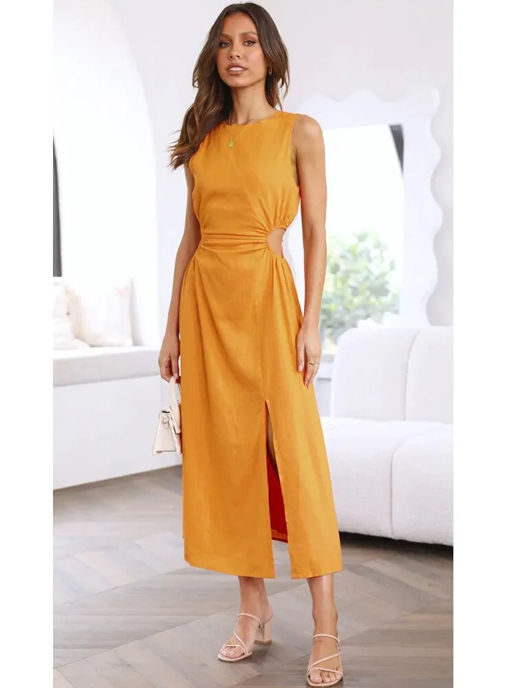 Side Waist Cut Out Women's Midi Dress Back Zipper Split Sleeveless Dress