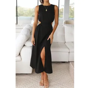 Side Waist Cut Out Women's Midi Dress Back Zipper Split Sleeveless Dress