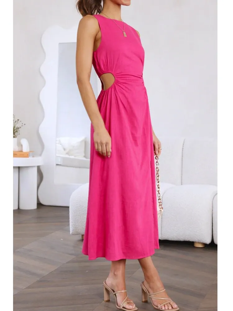 Side Waist Cut Out Women's Midi Dress Back Zipper Split Sleeveless Dress
