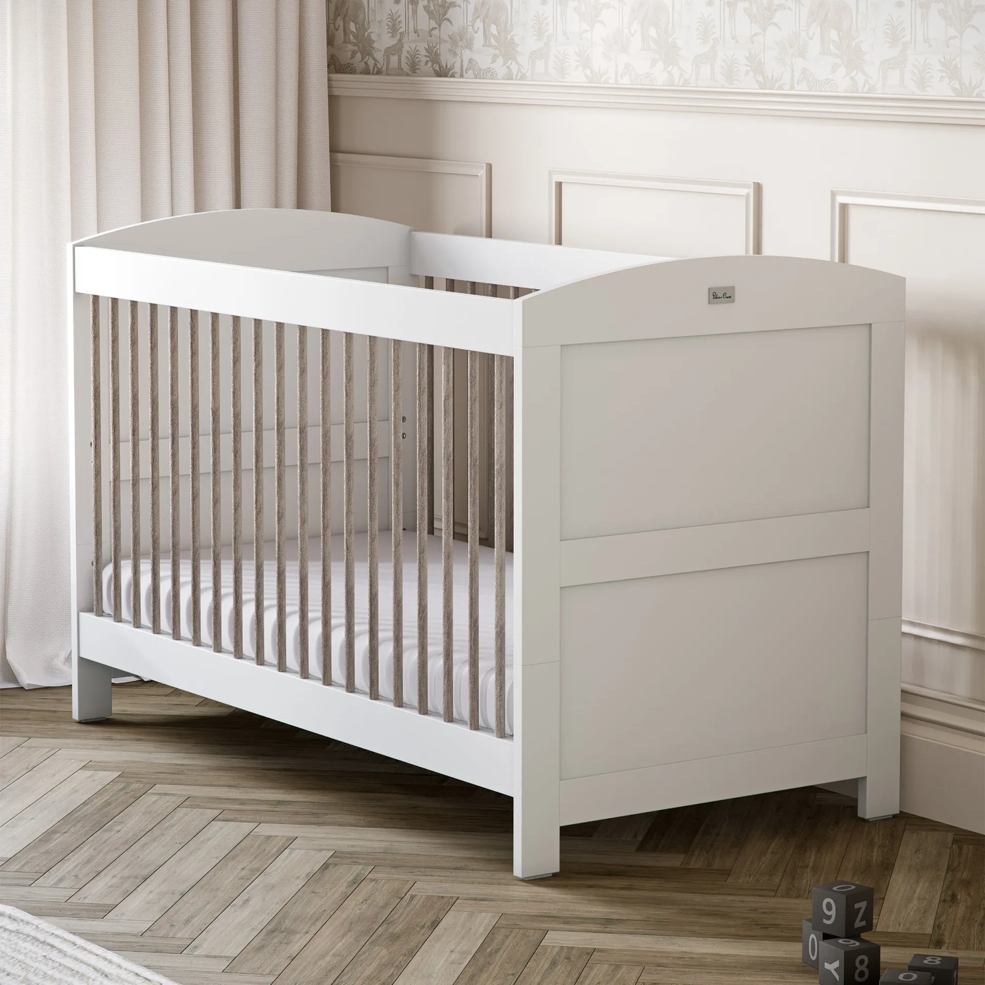 Silver Cross Valencia 4 Piece Nursery Furniture Set with Cot Bed, Dresser, Wardrobe and Carmel Rocking Chair