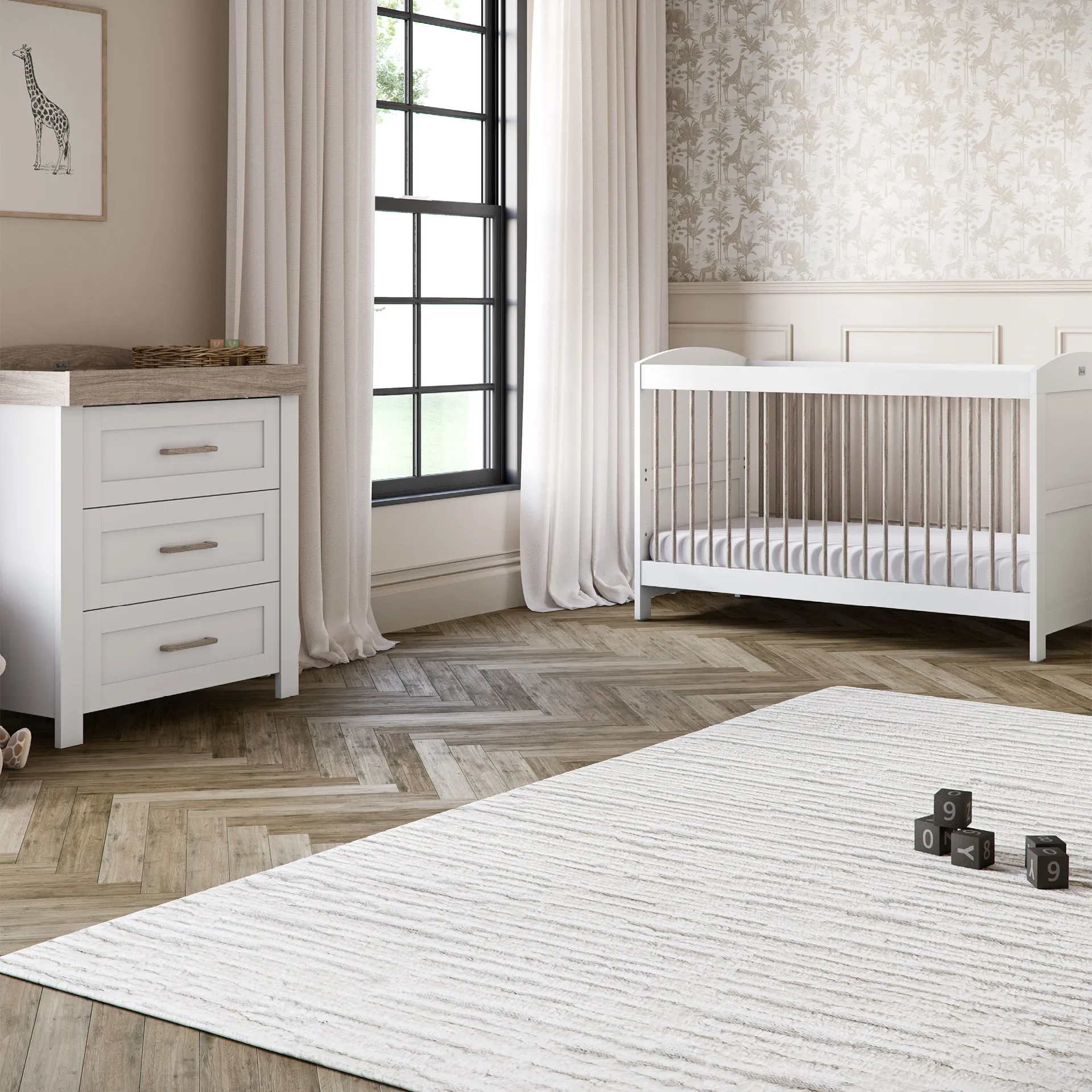 Silver Cross Valencia 4 Piece Nursery Furniture Set with Cot Bed, Dresser, Wardrobe and Carmel Rocking Chair