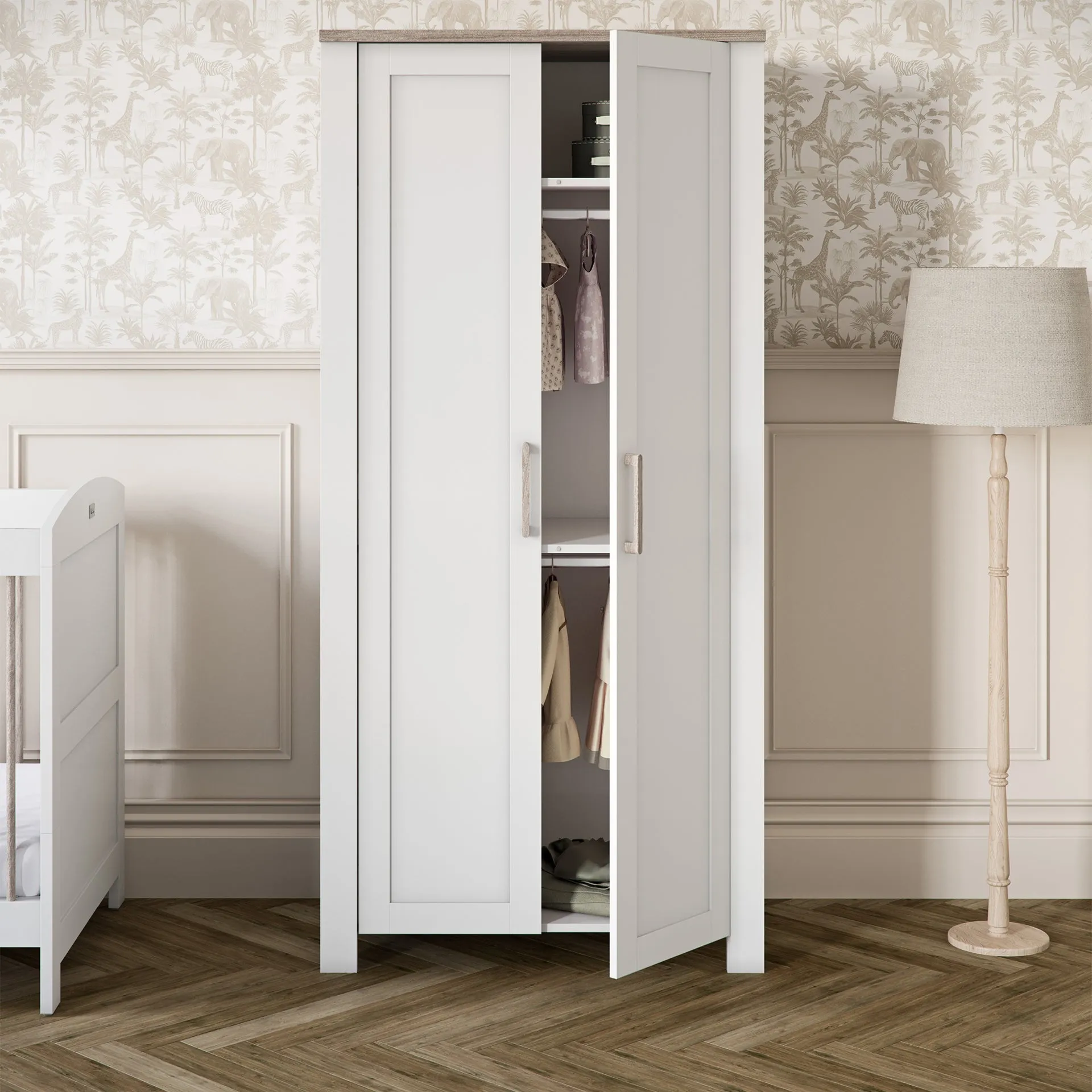 Silver Cross Valencia 4 Piece Nursery Furniture Set with Cot Bed, Dresser, Wardrobe and Carmel Rocking Chair