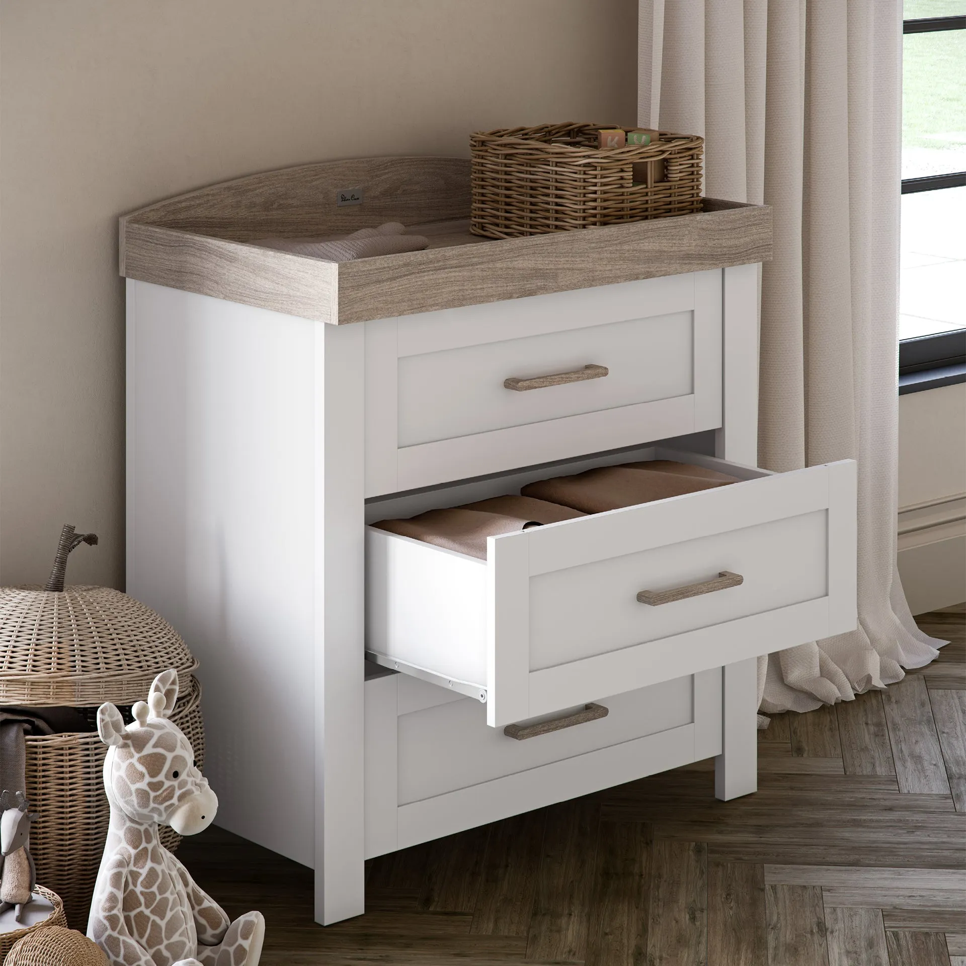 Silver Cross Valencia 4 Piece Nursery Furniture Set with Cot Bed, Dresser, Wardrobe and Carmel Rocking Chair