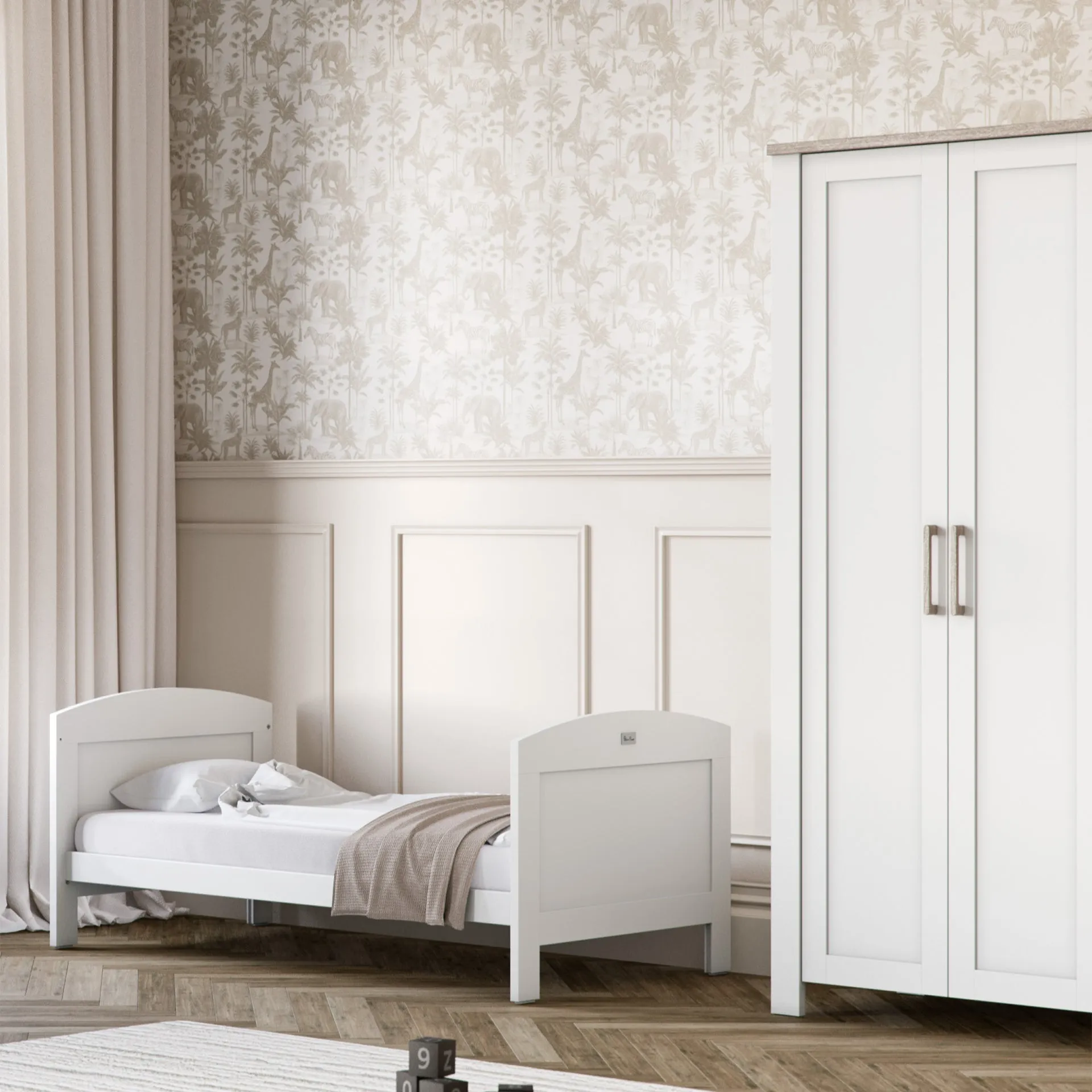 Silver Cross Valencia 4 Piece Nursery Furniture Set with Cot Bed, Dresser, Wardrobe and Carmel Rocking Chair